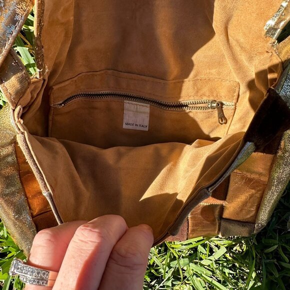 VTG 1980's Metallic Patchwork Leather Crossbody Bag Boho Purse Distressed Suede - Picture 6 of 12